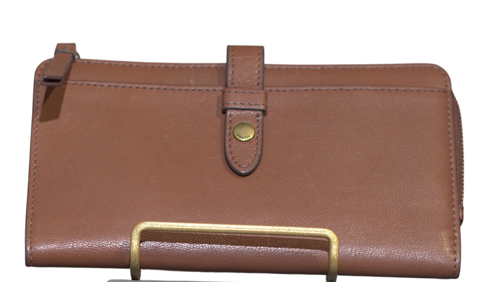 Fossil Fiona Leather Clutch Wallet Caramel Brown SL7704 Goat Hide EUC Zip Around
